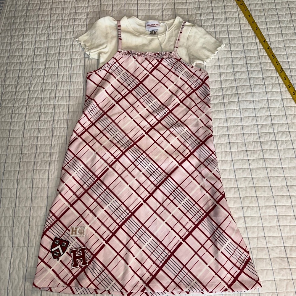 Harvard University Girls Pink Plaid Jumper Dress‎ & Ribbed Tee Set Size 8 Preppy